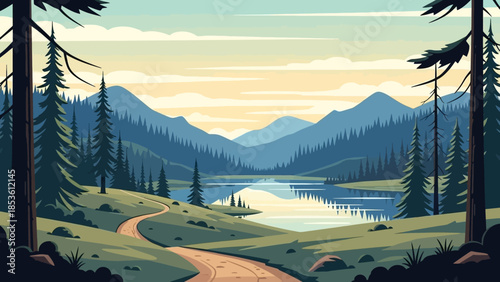Serene Mountain Landscape: A tranquil illustration showcases a picturesque scene of mountains and a lake embraced by a lush green forest, capturing the essence of peace and natural beauty.