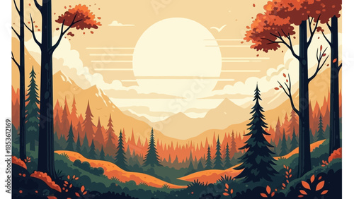 Serene Sunset in Autumn Forest: A mesmerizing illustration of a sun setting behind mountains in an autumn forest, with trees and foliage in warm, inviting tones. 