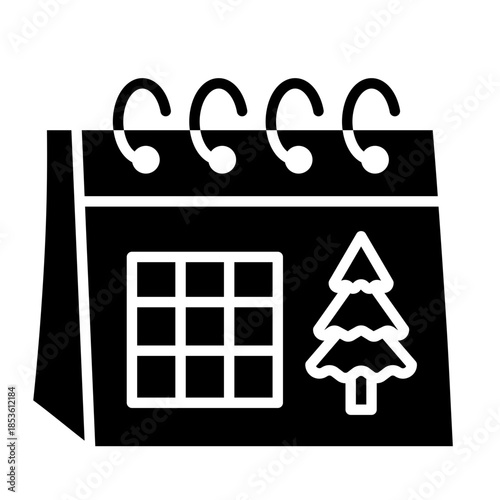 Black and white icon of a calendar with a Christmas tree symbolizing winter holidays and planning