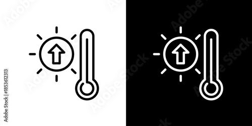 Outline vector icon depicting a thermometer with an upward arrow and sun, symbolizing rising temperatures, heat increase, and the concept of global warming or climate change
