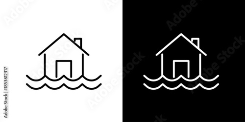 Linear icon depicting a house partially submerged in water, symbolizing a flood disaster, water damage to property, or emergency situation. Modern vector graphic for natural catastrophe warnings