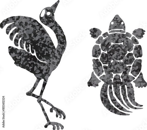 Japanese New Year lucky charm illustration set: Crane and turtle. Traditional monochrome silhouettes for longevity.