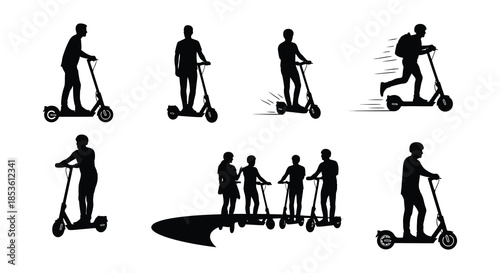 Silhouettes of people riding electric scooters in various poses and groupings