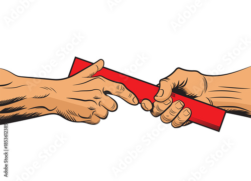 Hands Passing a Relay Baton Illustration – Teamwork, Cooperation, Sports, Success Concept. American comic book style
