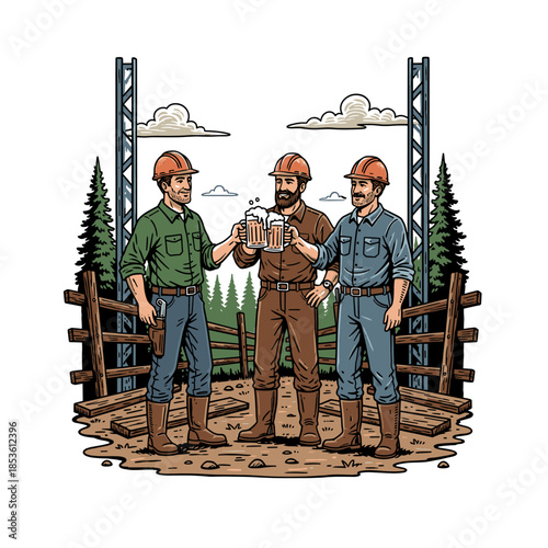 construction workers celebrating teamwork with beer vector illustration in vintage style.