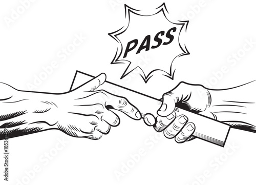 Hands Passing a Relay Baton Illustration – Teamwork, Cooperation, Sports, Success Concept. American comic book style. Black & White.