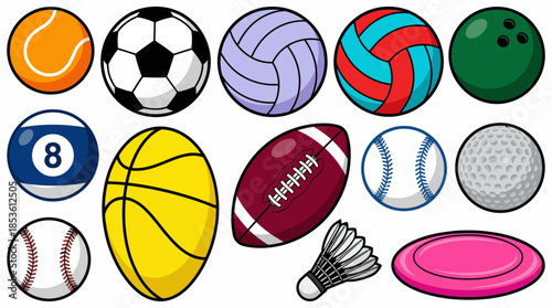 Collection of colorful cartoon sports balls and equipment on white background, concept for sports marketing materials, athletic event promotion and fitness blog graphics