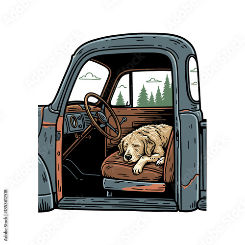 vintage vector illustration of a tired dog resting inside a retro truck cabin.