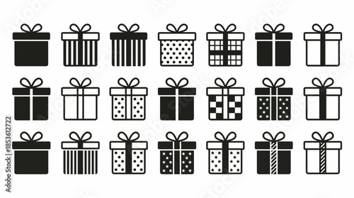 Set of various black and white gift box icons with bows, concept for holiday greeting cards, e-commerce sales promotion and special event invitations