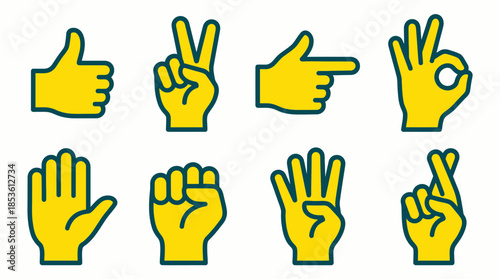 Set of eight yellow flat-style hand gesture icons for communication, concept for web design interface , user experience feedback and mobile application signaling