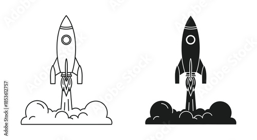 Two rocket ship illustrations depicting launch sequences one in white and one in black silhouette
