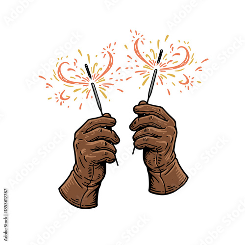 vintage vector illustration of sparklers being held by gloved hands for celebration.