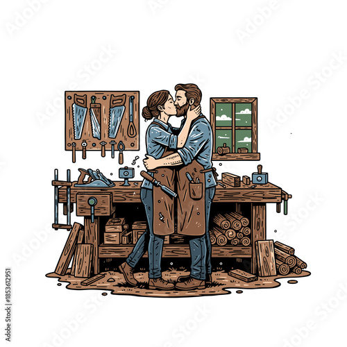 vintage vector illustration of a couple celebrating love and craftsmanship in a carpenter shop.