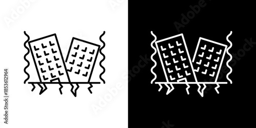 Single icon of conceptual graphic of buildings collapsing due to an earthquake, emphasizing structural damage and seismic activity