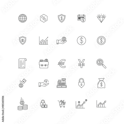 Finance and banking line icon set with money, currency, security and investment symbols vector icons outline design pack