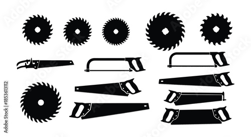 Black and white silhouettes of various saws and cutting tools