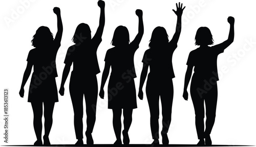 Five women standing in solidarity with raised arms in black silhouette