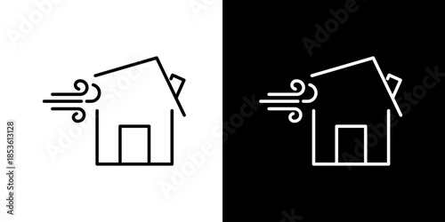 Vector Icons Representing Wind Affecting a House Structure on White and Black Backgrounds