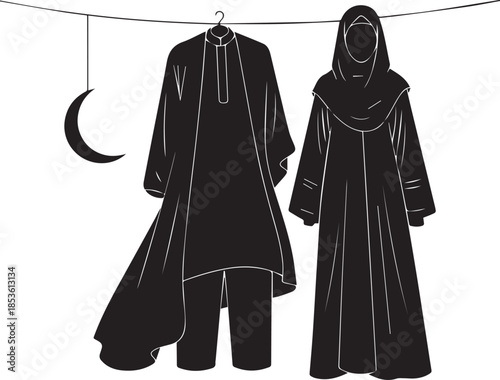 Two black cloaks and pants hanging on a clothesline under a crescent moon