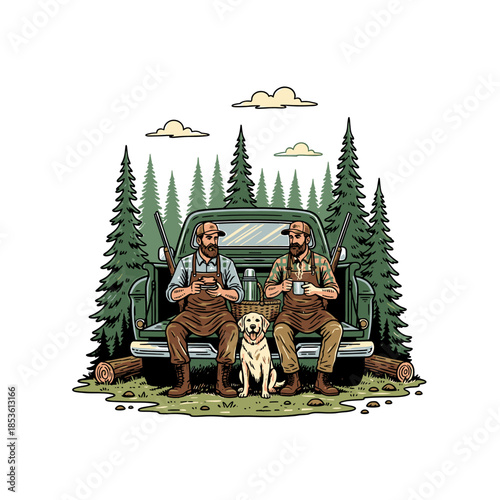 vintage vector illustration of friends camping and having a break on a retro pickup truck.