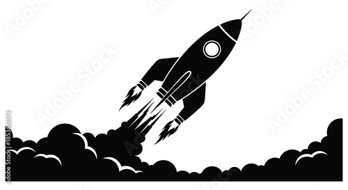 A striking black rocket ship blasting off with powerful flames and smoke a bold silhouette
