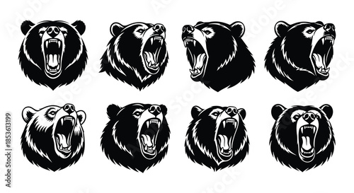 A collection of eight black and white bear head illustrations in various roaring poses