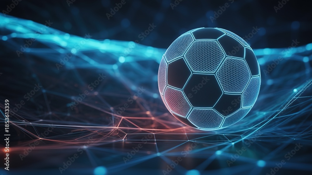 Naklejka premium Dynamic 2026 Soccer Football World Cup Concept with Futuristic Digital Soccer Ball and Abstract Light Trails for Sports Event Promotions and Marketing Campaigns