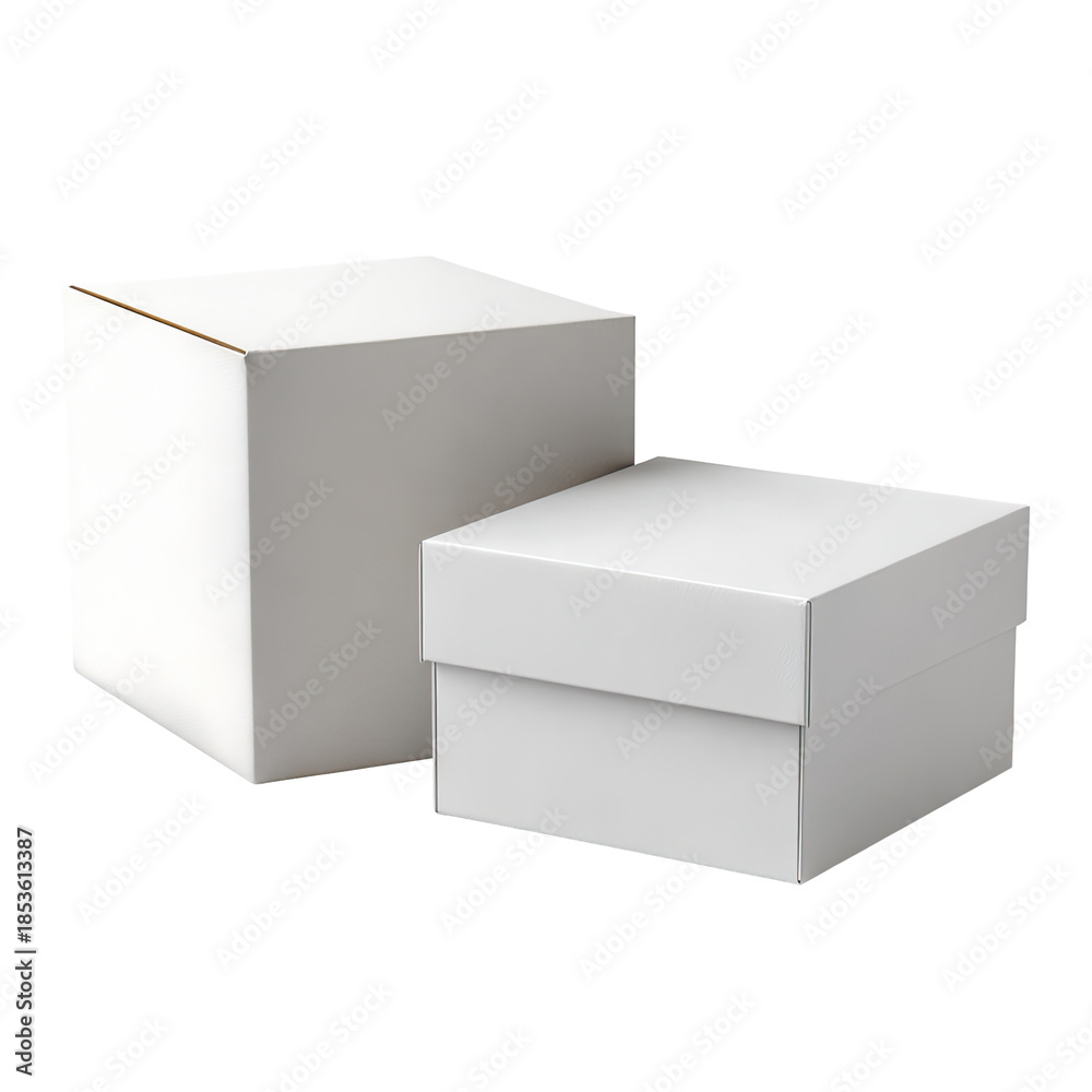 Fototapeta premium Two white, rectangular boxes. One open, with lid on top. Shadowed in a studio style