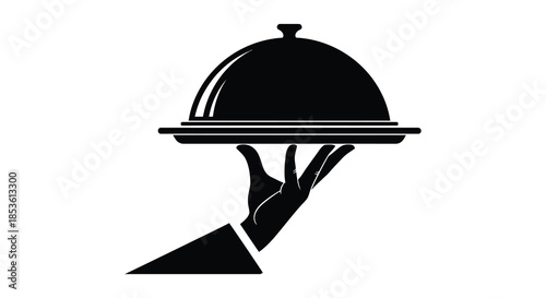 A striking black and white image depicting a hand presenting a covered dish a culinary silhouette
