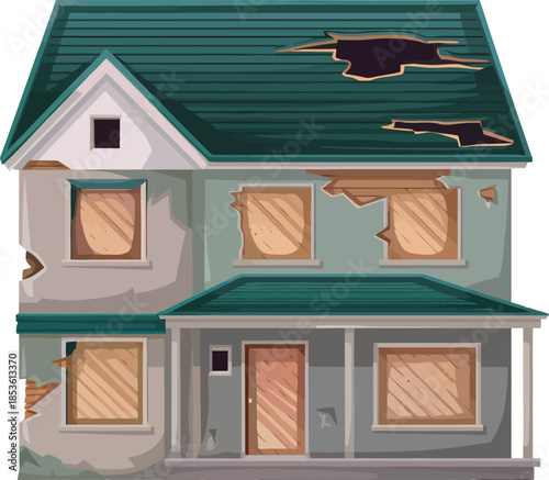 Abandoned Two Story House with Boarded Windows and Broken Roof Vector Illustration