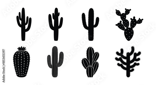 Stylized black silhouettes of various desert cacti and succulents