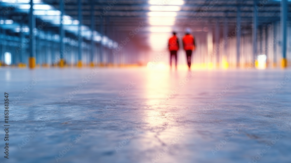 Fototapeta premium Workers walk in empty warehouse while inspecting the facility