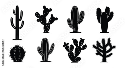 Stylized black silhouettes of various desert cacti and succulents