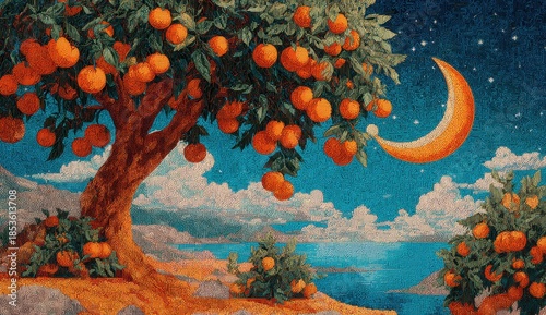 Lush Orange Tree Orchard Under a Mystical Crescent Moon and Starry Night Sky.