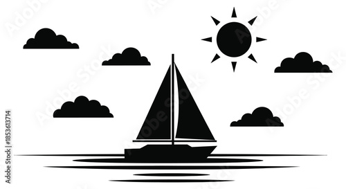 a serene seascape featuring a sailboat clouds and a radiant sun all in silhouette