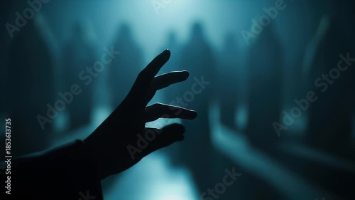 A silhouetted hand reaching out with fingers extended in a mysterious moody blue environment dramatic lighting and dark tones