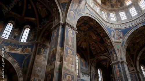 Dramatic interior view of ancient cathedral with arched ceilings and painted frescoes illuminated by natural light showing architectural details and historical context