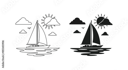 A comparative view of sailboat depictions showcasing line art and a contrasting dark silhouette