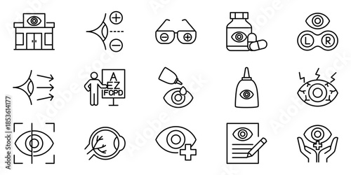 Comprehensive Eye Care and Ophthalmology Outline Icons Set Detailing Vision Health, Medical Procedures, and Optical Services for Modern Healthcare Designs