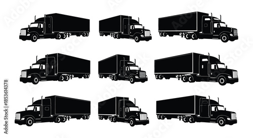 Collection of black silhouette semi trucks and trailers in various styles