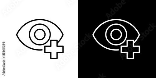 Black and White Icons Representing Vision and Addition, Eye Symbol with Plus Sign