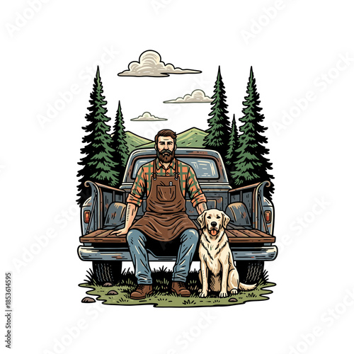 vintage vector illustration of a man and his dog resting on a classic truck in the mountains.