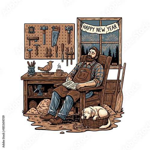vintage vector illustration of a woodworker resting after work with dog and happy new year sign.
