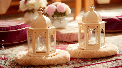 Warm colors enrich a spacious home living area prepared for Eid celebration