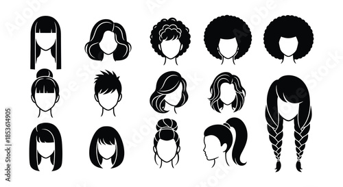 Variety of black and white hair styles and cuts illustration