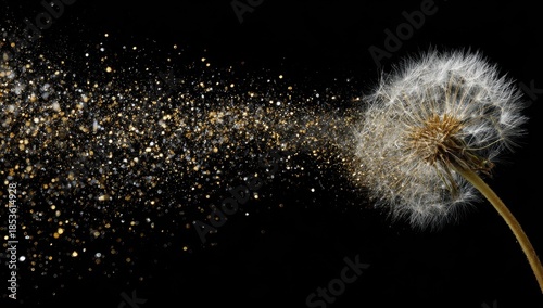 Ephemeral Dandelion Puffball Dispersing Golden Sparkle Seeds on Black.