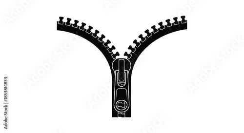 A detailed black zipper illustration with a prominent slider presented as a distinct silhouette