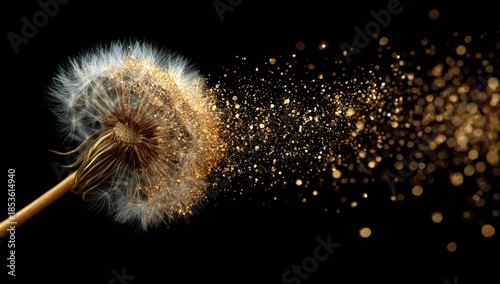 Magical Dandelion Puff Exploding into Golden Sparkles on Dark Background.
