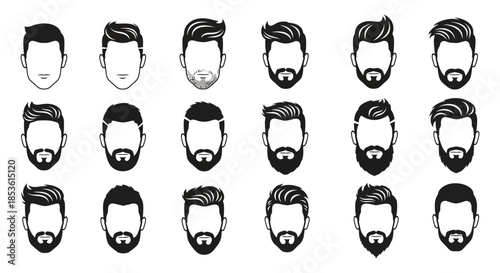 Variety of masculine facial hairstyles and haircuts presented in a clean modern arrangement silhouette