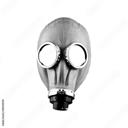 Black and white halftone illustration of a vintage gas mask with round eye lenses. Concept of danger, toxic air, protection, apocalypse, pollution, and industrial or military safety design.